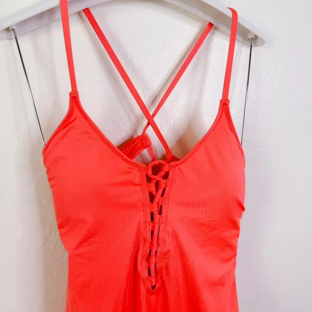 Laundry by Design Plunge Lace Up One Piece Swimsuit Swimwear Coral Medium NWT